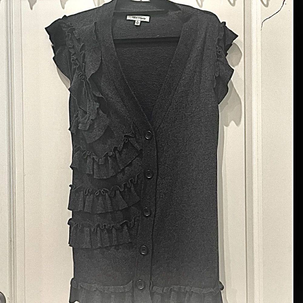 Soft Charcoal Gray Sweater Vest with Ruffle Front Trim